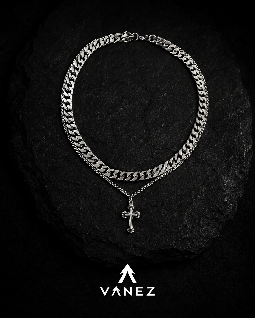 VANEZ Double Layer Cross Pendant Cuban Chain