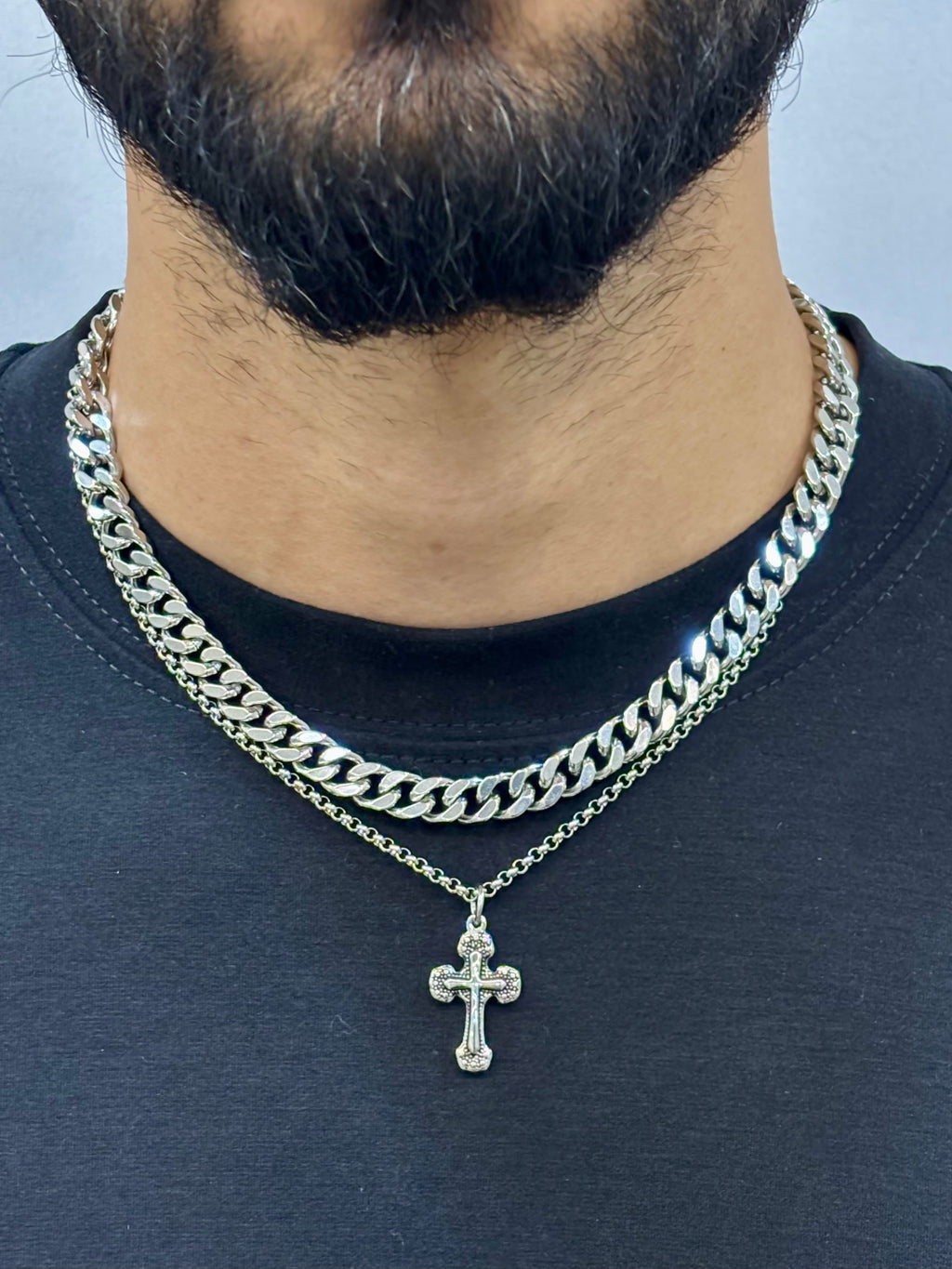 VANEZ Double Layer Cross Pendant Cuban Chain