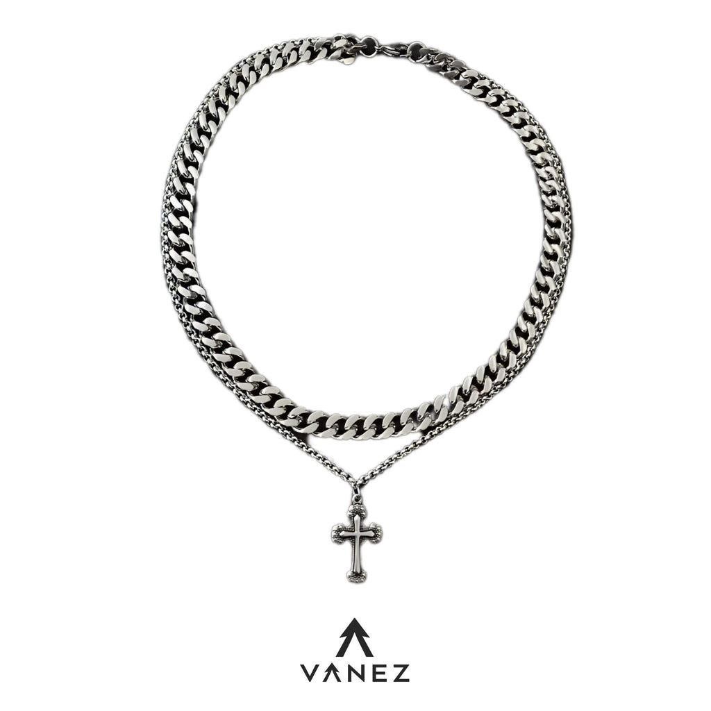 VANEZ Double Layer Cross Pendant Cuban Chain